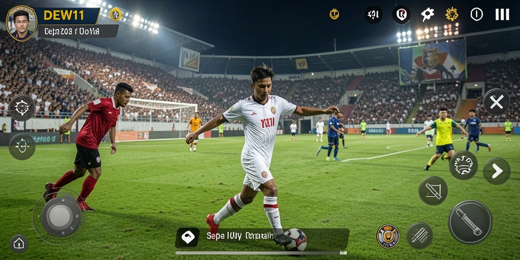 Tangkapan layar utama <strong>DEWI11</strong> menunjukkan aksi pertandingan sepak bola yang intens.